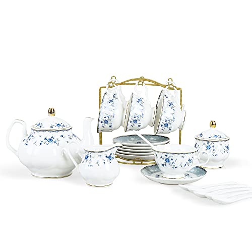 fanquare 15 Piece British Blue Rose Porcelain Tea Set - color: Blue Rose