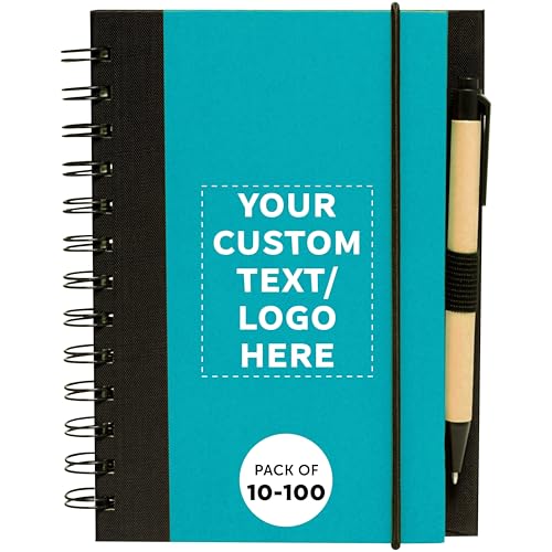 DISCOUNT PROMOS Custom Eco Block Notebooks with Pens Set of 10/50/100, Personalized Bulk Pack - Perfect for School, Office, Business, Home - Aqua - color: - Custom – Aqua, size: 10/50/100 notebooks