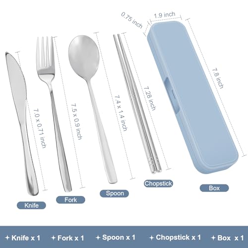 5 Pcs Travel Utensils Set, 304 Stainless Steel Lunch Box (Silver)
