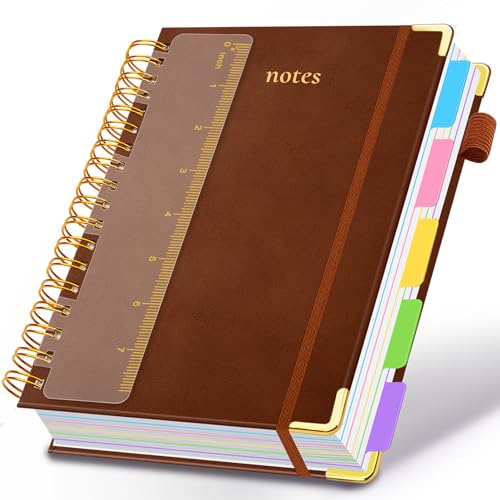 Hardcover Spiral Notebook 6.2"x 8.2" Journal Notebook with Tabs and Removable Dividers 300 Pages 5 Subject Notebook College Ruled, Faux Leather Spiral Bound Notebook for Women School Work (Brown) - color: Brown, size: 6.2"x8.2"(A5)