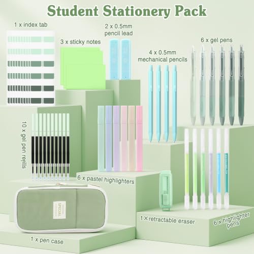 MoKo Pencil Case with Supplies, 49Pcs Aesthetic School Set, Green - color: Green-49P