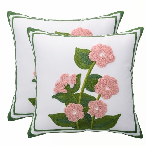 LUOYEHK Embroidered Throw Pillow Covers 18x18 Inch Set of 2 Pink Flower with Green Leaves Decorative Pillow Cases Spring Farmhouse Floral Cushion Covers for Couch Sofa Bed Living Room - color: Pink Flower With Green Leaves