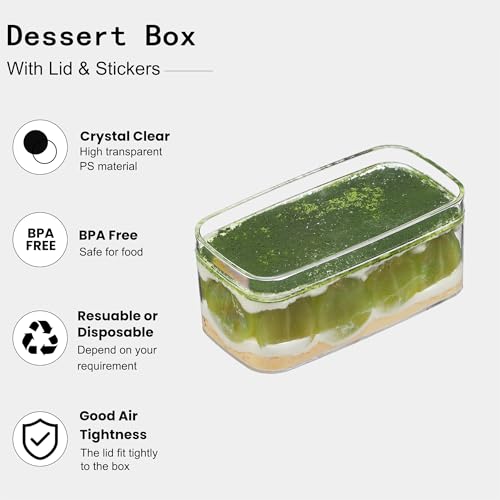 20 Pack 10OZ Rectangle Clear Plastic Dessert Cups with Lids and Sporks&Stickers Disposable Fruit Cups for Dessert,Tiramisu container with lid,Cupcake,Parfait,Pudding,Iced Cold Drinks,Fruits