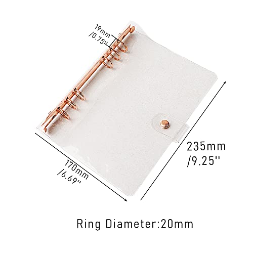 Personal A5 Binder Cover 6-Ring Planner Cover Clear Glitter PVC Refillable Notebook Shell Rose Gold Ring Binder with Snap Button Closure for 6-Ring Planner Loose Leaf Folder - color: Glitter Cover + Rose Gold Binder, size: Personal A5