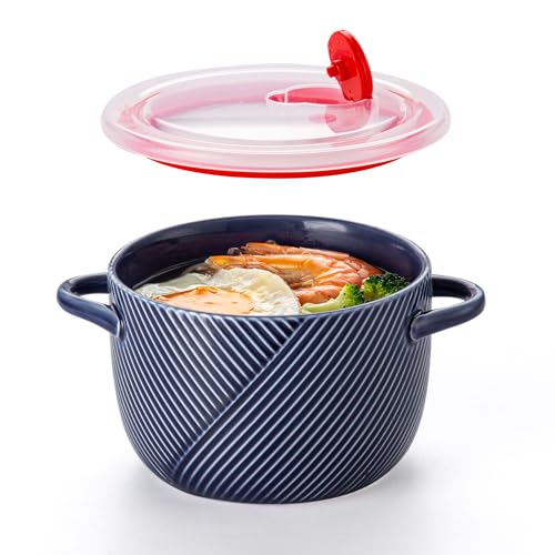 Ceramic Soup Bowl with Lid & Handle, Microwave Safe 32 oz, Navy - color: Navy, size: 1 pcs
