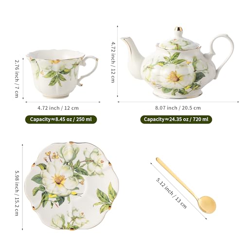 TATSUMI Country Roses Porcelain Tea Set, European Ceramic tea set for one or two,Vintage Style, For Women and Tea Parties (Green, 7 Pieces Set) - color: Green, size: 7 Pieces Set