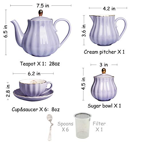 Porcelain Tea Sets British Royal Series, 8 OZ Cups& Saucer Service for 6, with Teapot Sugar Bowl Cream Pitcher Teaspoons and tea strainer for Tea/Coffee, Pukka Home(purple) - color: Purple