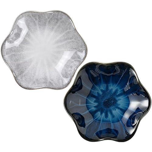 2Pcs Ceramic Jewelry Dish - Lotus Leaf Shape, for Ring Holder Necklace Small Key, Suitable for Mother Friend Sister, Gifts for Women, Cute Plate Trinket Tray, Home Decor (Grey & Blue) - color: Grey & Blue