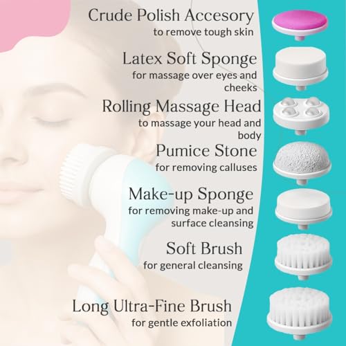 Facial Cleansing Brush Face Scrubber, 7-in-1 Electric Spin Cleanser Brushes with 6 Brush Heads for Deep Cleansing, Gentle Exfoliating, Removing Blackheads, Massaging (White & Aqua Blue) - color: White & Aqua Blue