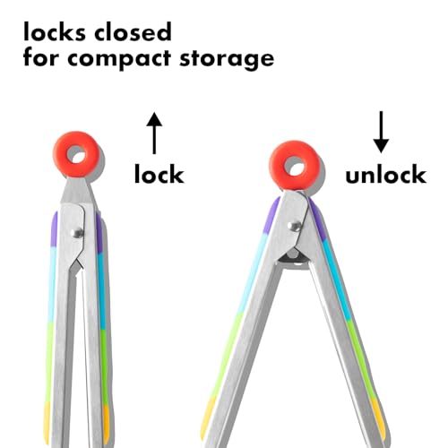 OYV Rainbow Silicone Tongs for Cooking, Heat Resistant Kitchen Tongs for Salad, Grilling, Cooking, 304 Stainless Steel Locking and BPA Free Silicone Tips Set of 2, 9 and 12 Inch - color: Rainbow