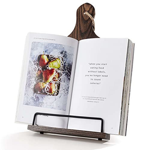 FANATU Cookbook Stand, Rustic Wood Cookbook Holder Cutting Board Style, Adjustable Recipe Ipad Tablet Book Holder and Stand for Kitchen with Anti-Slip Kickstand (Dark Brown)