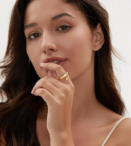 Non Tarnish Gold Chunky Rings for Women, 14K Gold Plated Statement Dome Rings Stacking Silver, Adjustable Mens Eternity Wedding Band Mixed Metal Jewelry Size 3-15 Half Size - color: Gold