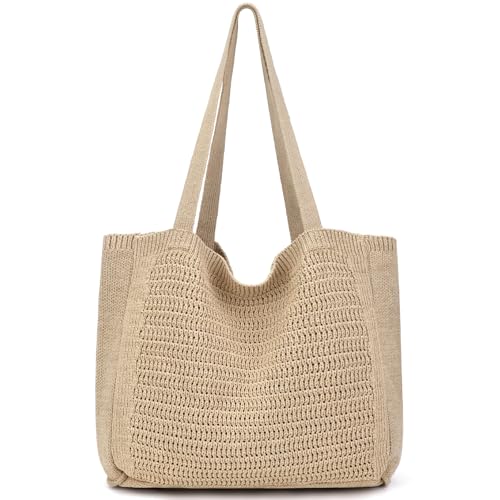 hatisan Crochet Bag for Women, Handmade Knit Beach Tote Bag Summer - color: Style-b,khaki