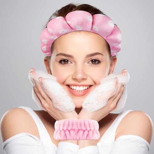Zkptops Spa Headband for Washing Face Wristband Set Sponge Makeup Skincare Velvet Fabric Bubble Soft Get Ready Hairbands for Women Puffy Headwear Non Slip Thick Thin Hair Accessory (Pink Nuts) - color: ZYI Nuts Pink