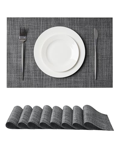 Leetaltree Black and Grey Woven Placemats Set of 8 - Heat Resistant Non-Slip Place mats for Dining Table, Washable Durable PVC Vinyl Woven Table Mats(Black & Grey, 8) - color: C0- Black and Grey, size: Set of 8