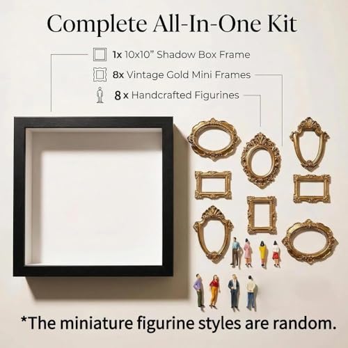 DIY Mini Gold Frames Silhouette Box, Upgrade Shadow Box , 10x10 Inch, with 8 Vintage Gold Mini Frames and 8 Handcrafted Figurines, for Anniversary, Wedding, Birthday and Home Decor (Wood Colour) - color: Wood Colour