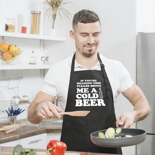 Funny Apron for Men Women,Humorous Kitchen Apron- Grilling Cooking BBQ Accessories, Gift for Dad Husband - color: If You're Reading This Please Bring Me a Cold Beer