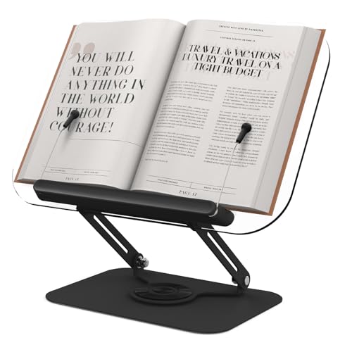 Acrylic Book Stand for Reading Hands Free - Adjustable 360° Rotating Cookbook Holder with Elastic Page Clips & Foldable Base, Multi-Angle Desktop Display Stand for Recipes, Laptops, Tablets, Bibles - color: Black
