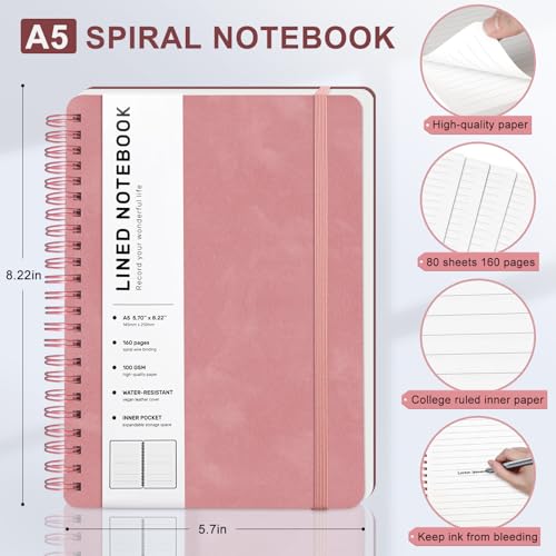 Lined Spiral Notebook for Women, A5 College Ruled Leather Spiral Journals - color: Light Red, size: A5