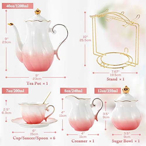 DUJUST 22 pcs Porcelain Tea Set for 6, Luxury British Style Tea/Coffee Cup Set with Golden Trim, Beautiful Tea Set for Women, Tea Party Set, Gift Package (With a Stand) - Gradient Pink - color: Gradient Pink