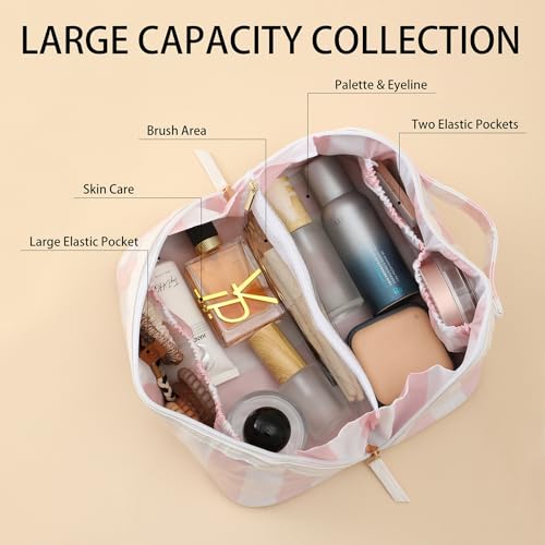 DYSHAYEN Travel Makeup Bag, White and Pink Striped - color: White-Pink