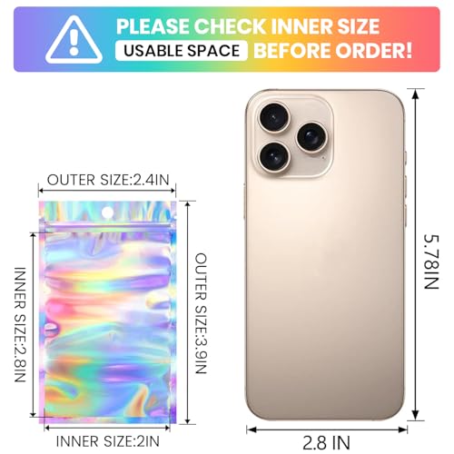 Funfery 100pcs Mylar Holographic Bags-Resealable Zipper&Clear Window - color: Holographic, size: 2.4 x 3.9 Inch