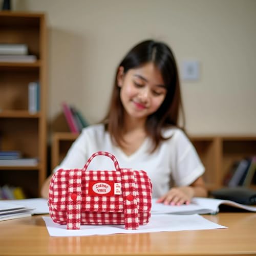 Cute Checkered Pencil Case, Red White Plaid, Large Capacity Gingham Pattern Pen Bag with Handle, Big Stationery Organizer, Multi-Use Storage Pouch, 8.7x1.6x4.7 Inches, Red - color: Red-white checkered