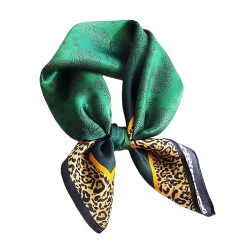 100% Mulberry Silk Neck Scarf for Women Square Neckerchief – 21 inch - color: Green Leopard