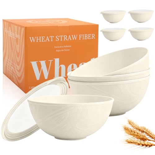 Wheat Straw Bowls Set with Lids, Unbreakable 40 OZ Large Cereal Bowls Set of 4, Salad Container for Lunch, Microwave & Dishwasher Safe Bowl Set for Kitchen, Picnic, RV, Camping, Beige - color: Beige, size: 40 OZ with Lid