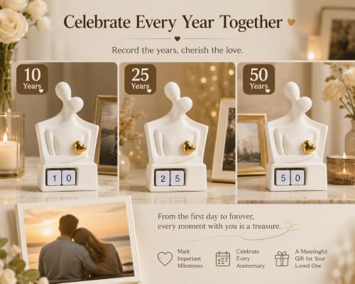 for Couples & Parents, Modern Ceramic Couple Sculpture with Fixed Gold Heart, Abstract Embrace Figurine Displays Anniversary Years 01-98, Wedding Home Decor, 7.3 Inch - size: Hug-7.28"