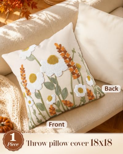 Embroidered Throw Pillow Cover, 18x18 Inch, Fall Wildflower - color: Fall Wildflower, size: 18" x 18" (Pack of 1)
