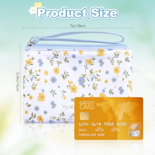 Cotton Floral Mini Organizer Bag Coin Purse for Women with KeyChain Cute Printed Zipper Change Purse Coin Pouch Card Holder Wallet Clutch for Women Girls - color: Blue