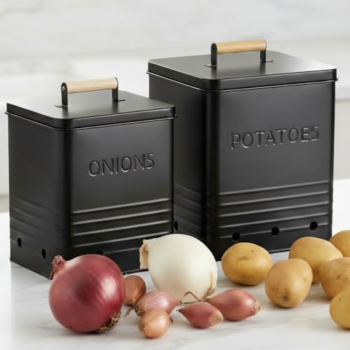 Beautiful Potato and Onion Storage Container Set - Food Safe Metal Bins - color: Black