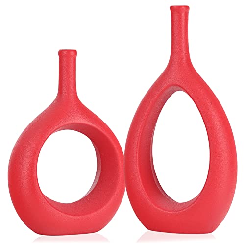 Red Ceramic Hollow Elliptical Vase Set of 2 - Boho Circle Vase with Hole, for Modern Red Table Decor, Living Room Decor Shelf mid Century Modern Home Entrance Decorative vase - color: Red
