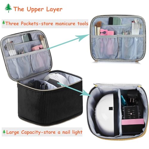 Corduroy Nail Polish Organizer and Nail Lamp Case, Nail Kit Organizer Holds 30 Bottles (15ml - 0.5 fl.oz) and a Nail Lamp, Nail Polish Carrying Case with Manicure Tools Storage Sections (Black) - color: Black