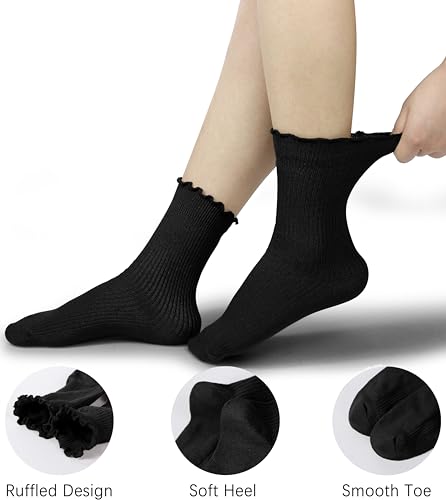 BomKinta Ruffle Socks Women Turn-Cuff Frilly Sock Cotton Crew Socks - color: All Black