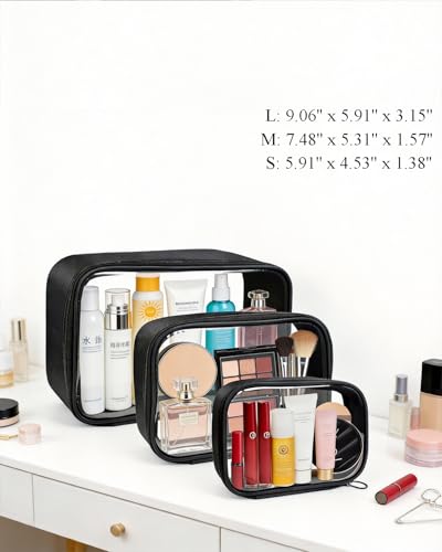 3Pack Clear Makeup Bags Set, Clear Travel Makeup Bag Waterproof Makeup Case Small Toiletry Bag with Zipper Portable Cosmetic Pouch Makeup Storage Bag Car Bag for Essentials - color: Black Set-2