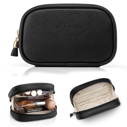 VLANDO Makeup Bag for Purse,Water-Resistant Leather Cosmetic Pouch,Black - color: Small-Black