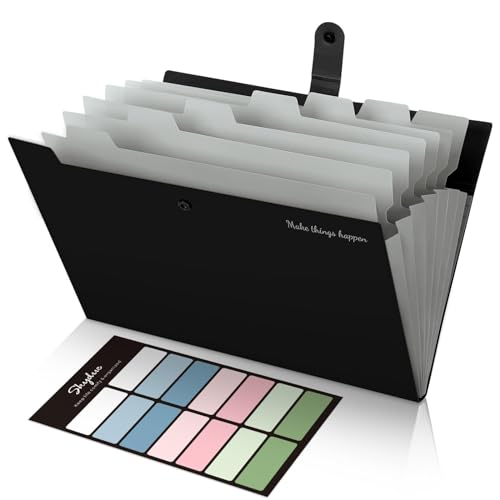SKYDUE Expanding File Folders with Labels,8 Pockets Accordion File Organizer, Portable Document Paper Organizer, A4 Letter Size Filing Folder for Office, Pack of 4, Black - color: Black*4