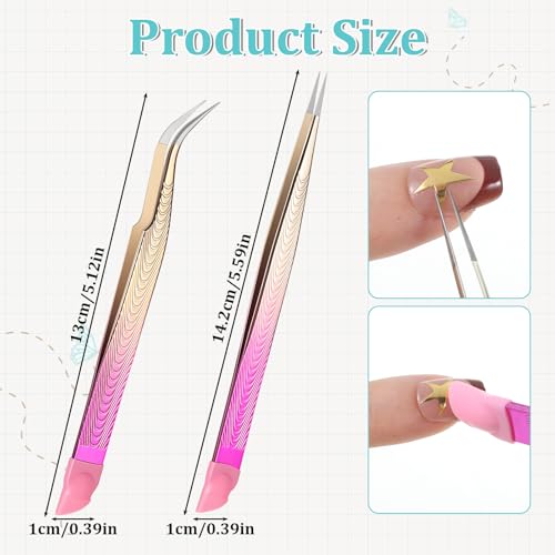 2PCS Crystal Pink Nail Tweezer, Double Ended Sticker Tweezers with Silicone Pressing Head for Craft, Precision Rhinestone Picker Tool for Jewelry Eyelash Nail Art, Curved Tip Tweezers Kit - color: Crystal Pink