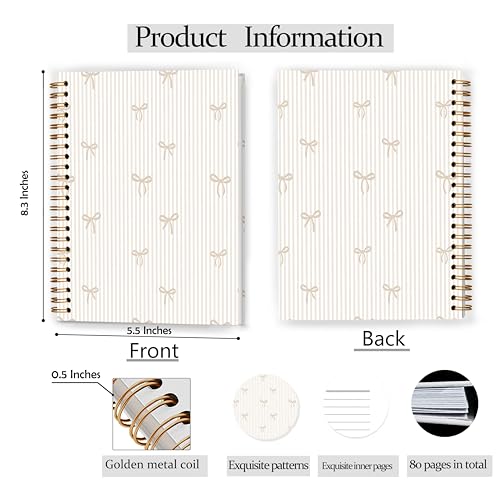 GDJIEGBC Girly Coquette Beige Bow Striped Notebook 5.5x8.3in - color: Color-E