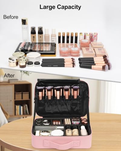 Relavel Makeup Bag Travel Makeup Train Case 13 inches Large Cosmetic Case Professional Portable Makeup Brush Holder Organizer and Storage with Adjustable Dividers and Shoulder Strap (Pink) - color: Pink, size: Medium