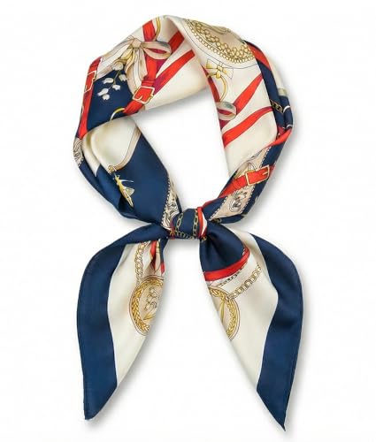 corciova Women’s Square Scarf 27.5 in (70 x 70 cm), Satin-Feel Polyester, Lightweight Fashion Scarf for Hair, Neck and Bag - color: Equestrian Chain Belt (Navy Blue / Red / Cream / Gold)