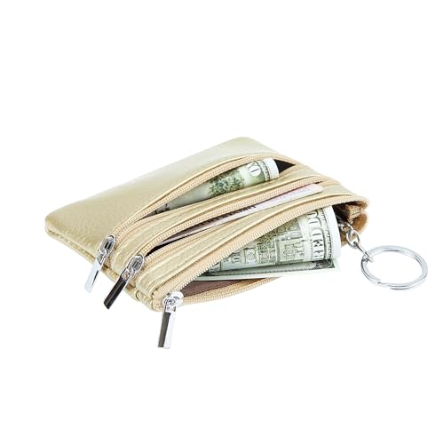 Women Genuine Leather Coin Purse Keychain Change Purse - color: Gold