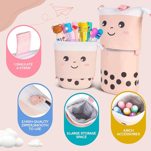 Cute Boba Pencil Case Set for Girls - Back to School Supplies Kit with Pop Up Pencil Pouch, Pens, Stickers & Eraser, Kawaii Stationery Set for Students, Classroom, & Journaling (Pink Bubble Tea) - style: Bubble Tea Stationary (Pink)