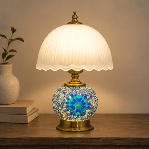 Boho Blue Mosaic Small Table Lamp with White Glass Shade - color: Blue, Bronze, White