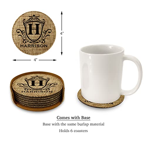 Smile Art Design Family Personalized Monogram COASTER Set of 6 with base Round Burlap Material Family Name Personalized Prints House warming Wedding Gift Dining Room Kitchen Rustic Decor Style4 - color: Style 04, size: Set of 6 - Round Coaster