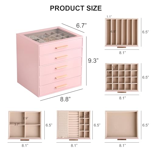 Frebeauty Jewelry Box for Women,Clear Lid Jewelry Organizer with 5 Drawers - color: Pink, size: 5 Drawer