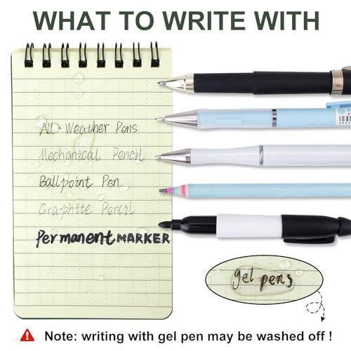 RETON 10 Pack Waterproof Notebook, 3 x 5 Inches Waterproof Pocket Notepad, All-Weather Top Spiral Memo Steno Pads with Grid, Write in the Rain Notebook for Outdoor Activity Recording (Army Green)