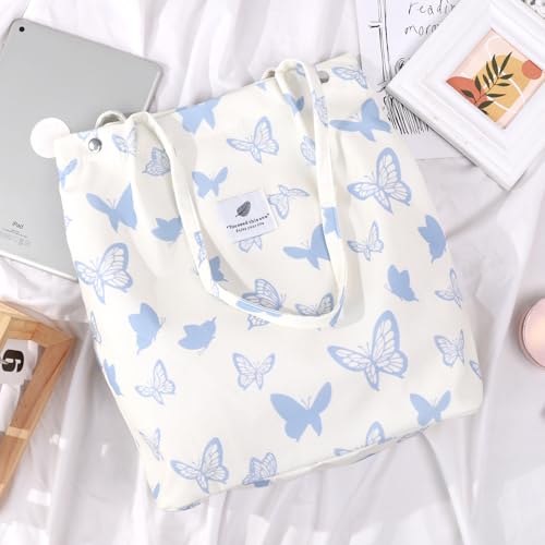 Ayieyill Corduroy Tote Bag for Women Canvas Shoulder Cord Purse with Inner Pocket - color: Blue/Butterfly
